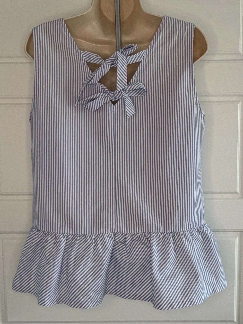 J. Crew Blue & White Cotton Striped Hampton Style Bow Tie Back Peplum Sz Small
